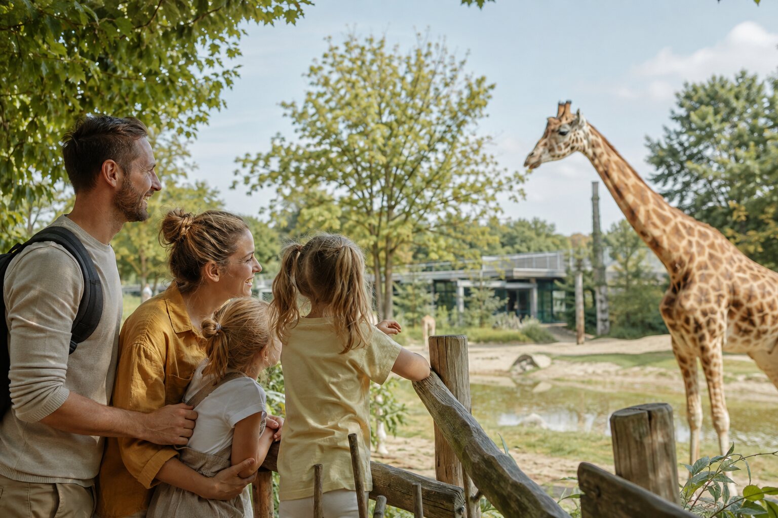 Gezin bij een giraffe